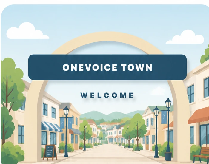 門の向こうに店舗が並ぶONEVOICE TOWNの街並み
